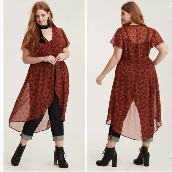 Torrid Rust Orange Floral Pintuck Pleat Chiffon Split Maxi Top - Size 3 - Picture 1 of 6
